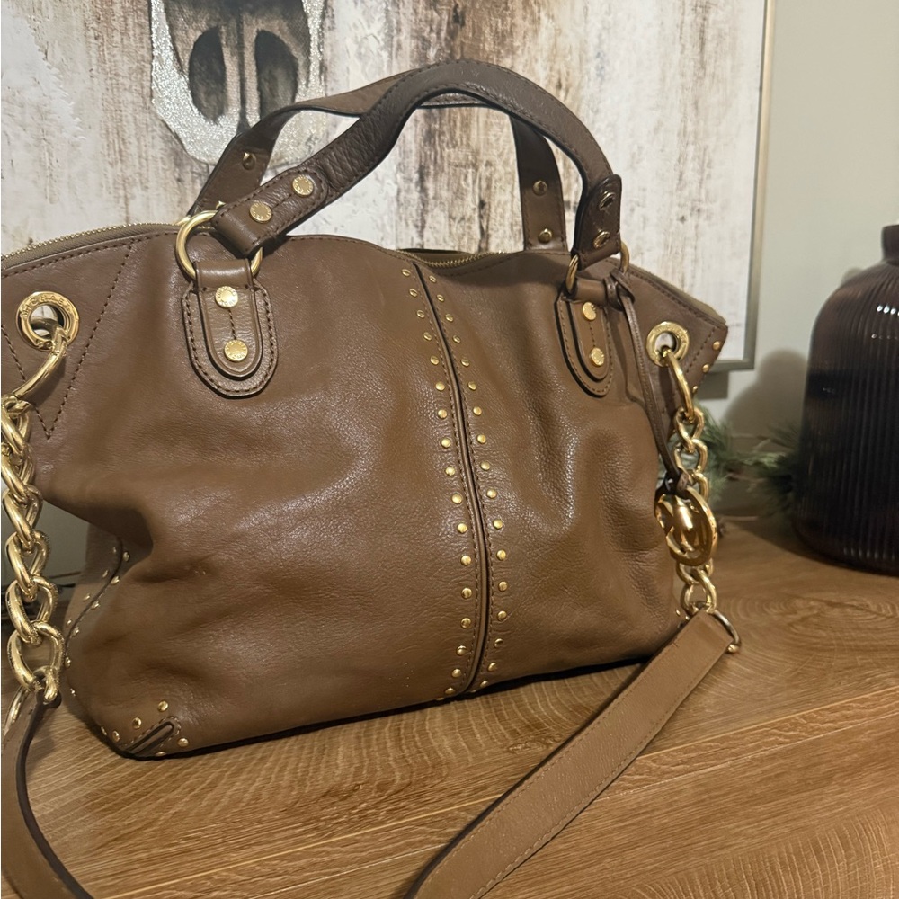Michael Kors Astor Uptown Leather Chain Satchel Luggage Brown Flawed, Gorgeous